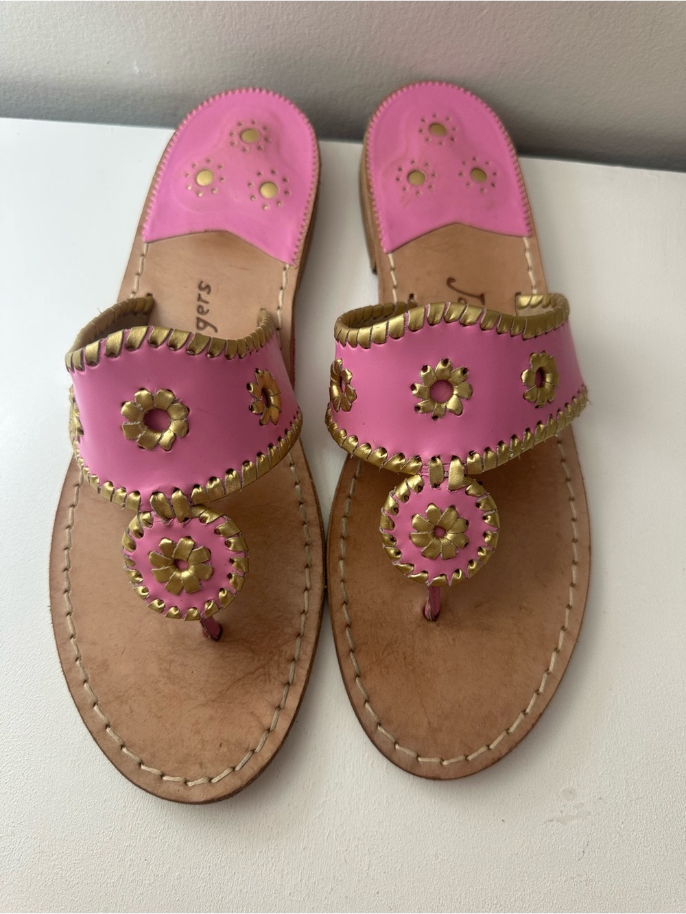 Jack Rogers Pink and Gold Sandals with Whipstitch Medallions - Picture 2 of 8